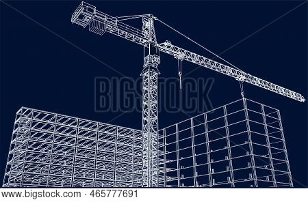 Under Construction Site Engineering Frame Structure With Tower Crane 3d Illustration Line Blueprint