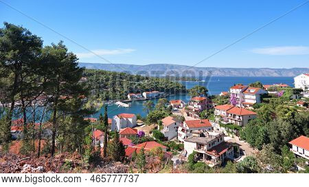 Aerial View Of Jelsa, Hvar Island In Croatia From The Hill. Scenic Summer Day, Bird View With Nearby