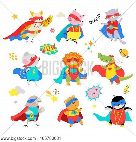 Cartoon Animals Cute Superhero Set. Child Hero In Cape And Mask, Comic Animal Childish Characters. I