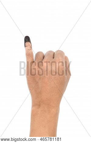 Blue Ink Mark In Little Finger Of Adult Man. Sign Of Voting In Myanmar Election.