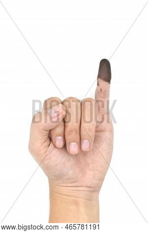 Blue Ink Mark In Little Finger Of Adult Man. Sign Of Voting In Myanmar Election.