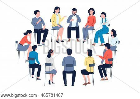 Group Therapy In Circle. Psychology Meeting Club, People Listening And Conversation. Help Support Gr