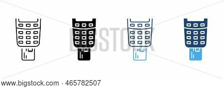 Payment Terminal With Inserted Credit Card Line And Silhouette Icon Set. Bank Service Financial Tran