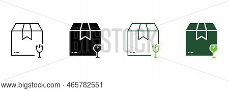 Caution Parcel Cardboard Box With Glassware Care Silhouette And Line Icon. Careful Glass Handle Ship