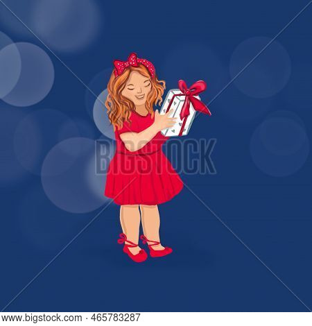 Little  Girl Holding A Gift Box. Holiday Or Birthday.