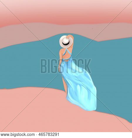 Back View Of  Hand Drawn Young Woman In Summer Hat.