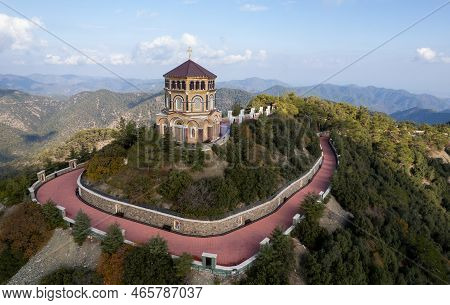 Drone Aerial Of Throni Of Panagia Kykkou Temple Landmark. Cyprus Europe.