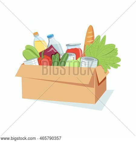 Vector Illustration Of Food Donation Concept Isolated On White Background. Butter, Bread, Fruits, Mi
