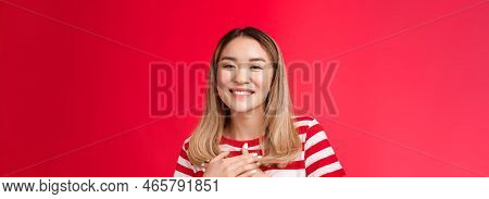Close-up Tender Touched Young Charming Asian Blond Girl Press Palms Heart Thankful Smiling Broadly A