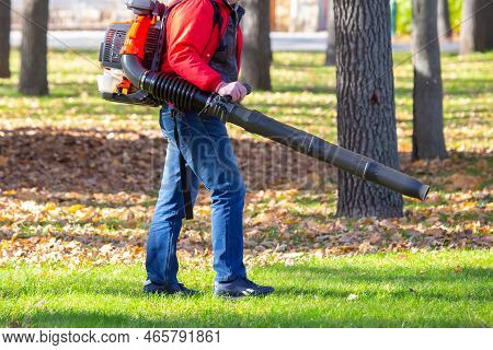 Working In The Park Removes Leaves With A Blower. Park Cleaning Service. Removing Fallen Leaves In A