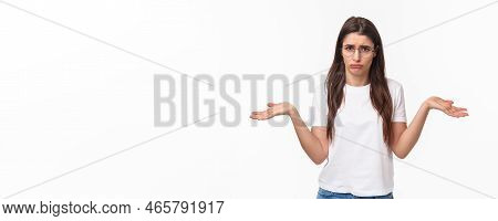 Waist-up Portrait Of Indecisive Distressed, Gloomy Young Woman In Glasses, Cant Deal With Proble, Sh