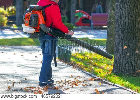 Working In The Park Removes Leaves With A Blower. Park Cleaning Service. Removing Fallen Leaves In A
