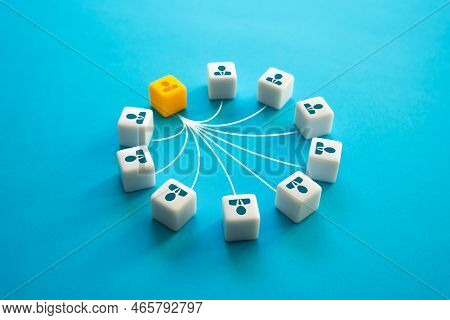 The Team Leader Is Connected To Teammates. Leadership And Organization Skills. Feedback, Subordinati