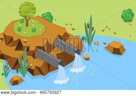 3d Isometric Flat Vector Conceptual Illustration Of Wastewater Pollution, Sewage Ecological Damage
