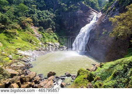 Dunhinda Waterfall In A Sunny Day In Sri Lanka
