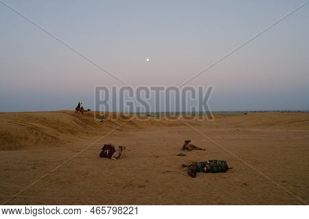 Moon Set. View Of Thar Desert Sand Dunes , Pre Dawn Light Before Sun Rise And Moon Setting Off In Th