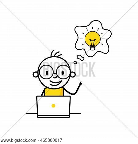 Man With Laptop Who Has A Light Bulb Above His Head. Idea And Creativity Concept. Vector Stock Illus