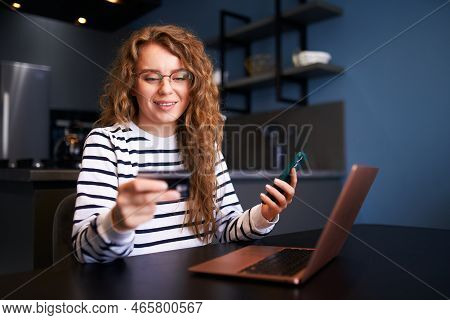 Happy Woman Makes Purchase, Payment In Fintech App On Phone. Shopper Girl Uses Mobile Banking App, C