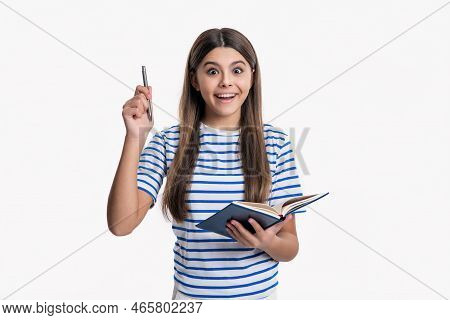 Inspired With Idea Teen Girl Writing School Diary Isolated On White Background. Teen Girl Writing