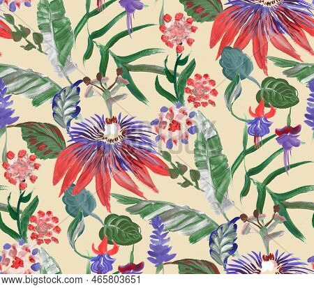 Bright Seamless Pattern With Multicolored Tropical Flowers And Leaves On A Beige Background For Summ