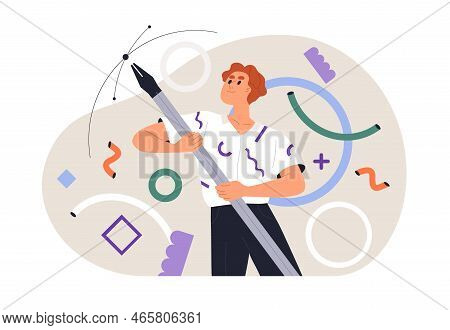 Graphic Designer Holding Pen Tool, Drawing Digital Art. Creative Tiny Artist Illustrator At Work Pro