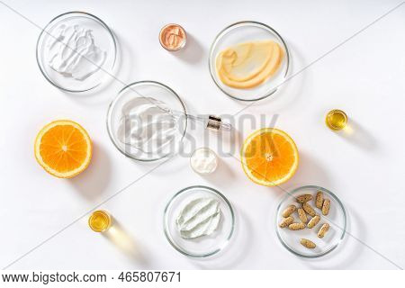 Alternative Natural Medicine And Glass Labware, Petri Dish, Cream, Scrub, Aroma Oils. Avocado Oil An