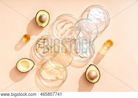 Alternative Natural Medicine And Glass Labware, Petri Dish, Cream Jars, Scrub, Aroma Oils. Avocado O