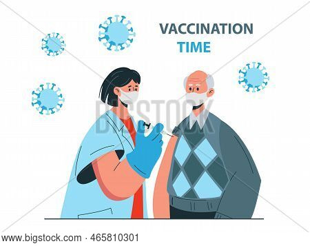 Doctor Gives The Old Man An Injection Of The Flu Vaccine. The Concept Of Vaccination Of The Elderly.