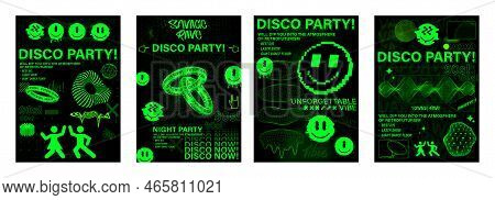 Rave Trippy Posters With Trendy Acid Colors And Shapes In 90s 80s Style