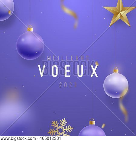 2023 New Year Background. Festive Banner With Shiny Balls And Golden Snowflakes. Motion Blur Effect.