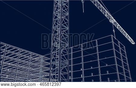 Under Construction Site Civil Engineering With Tower Crane 3d Illustration Line Sketch Blueprint
