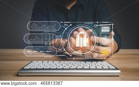 Businessman Touch A Virtual Screen To Unlock And Access Information And Document, Protection Network