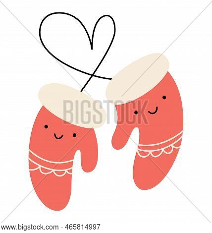 Vector Illustration Couple Of Warm Knitted Happy Smilling Red Mittens Design. Pair Of Cute Patterned