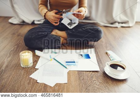 Young Brunette African American Woman Creating Her Feng Shui Wish Map Using Scissors. Dreams And Wis