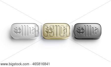 Blank White, Black, Gold Aluminum Sardine Conserve Can Mockup, Isolated, 3d Rendering. Empty Preserv