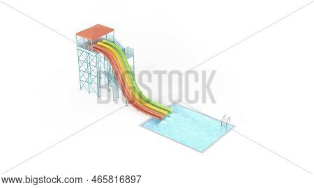 Blank Colored Multi-lane Waterslide With Swimming Pool Mockup, Isolated, 3d Rendering. Empty Aqualoo