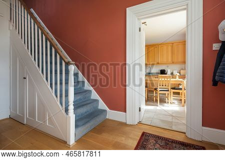 Foxton, Cambridgeshire - June 21 2018: Victorian House Entrance Hall With Staircase To First Floor A
