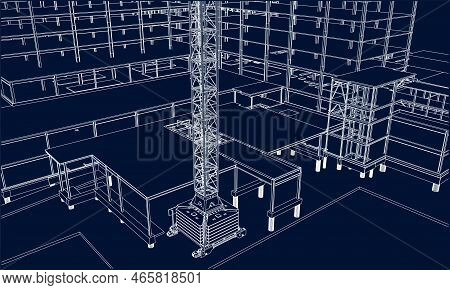 Under Construction Site Engineering Frame Structure 3d Illustration Line Sketch Blueprint