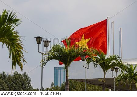 Ho Chi Minh City, Vietnam - November 07, 2022: Vietnamese National Flag On The Roof Of The Independe