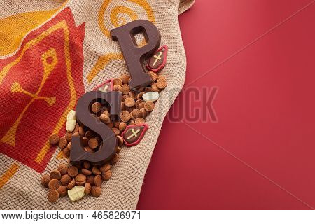Dutch Holiday Sinterklaas Background With Traditional Sweets And Chocolate Letter.
