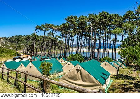 Camping On The Cies Islands Natural Park Off The Coast Of Vigo In Galicia, Spain. The Cies Campsite 