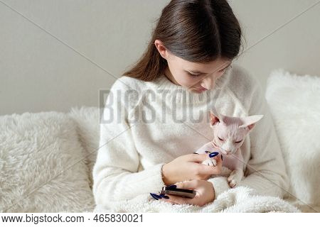 Smiling Young Girl In White Jamper Stroking A Cat And Using Smartphone Indoors. Bald Pedigreed Sphin