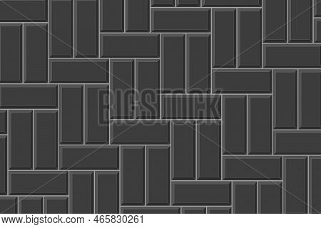 Black Basketweave Tile Mosaic Layout. Stone Or Ceramic Brick Wall Background. Kitchen Backsplash Tex