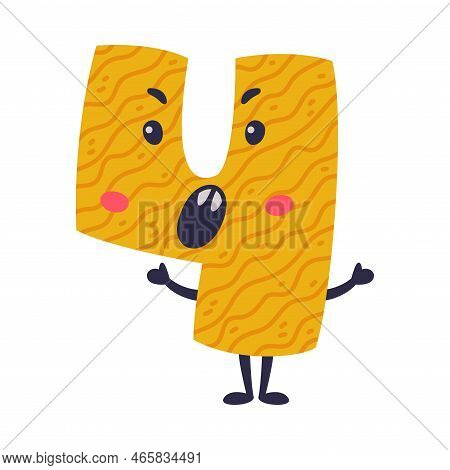 4 Cute Funny Number Character With Funny Face. Four Comic Childish Bright Colorful Numeral, Math Sym