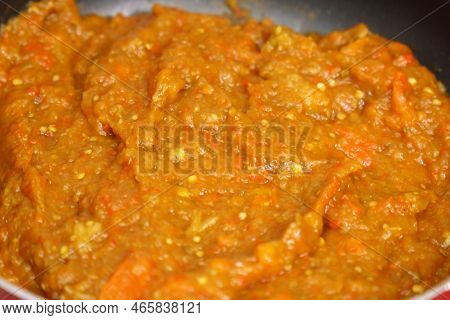 Cooking Spread Called Ajvar From Red Peppers And Eggplants. Selective Focus