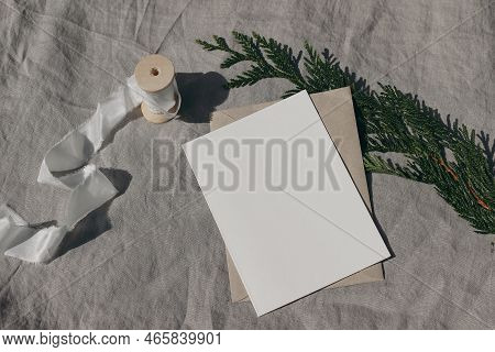 Winter Wedding Mockup. Empty Greeting Card, Invitation Mock Up Template With Silk Ribbon, Cypress Tr