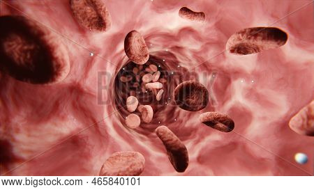 Red Blood Cell Body Erythrocyte, Saturation Of The Human Body With Oxygen. Movement Of Erythrocyte C