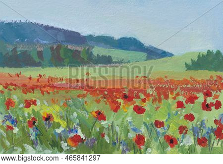 Poppy Field Gouache Painting. Summer Landscape With Red Flowers On The Background Of Mountains. Orig
