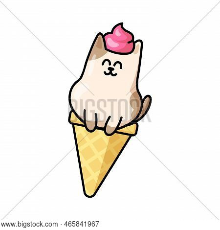 Cute Cat Ice Cream Sticker. Kitty In Waffle Cone With Whipped Raspberry Cream On Head. Happy Animal 