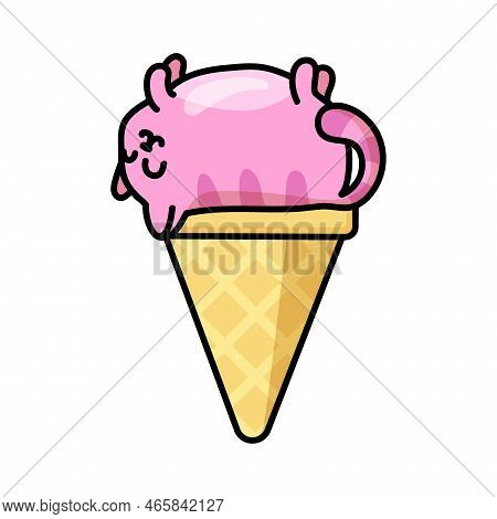 Cute Crimson Cat Ice Cream Sticker. Kawaii Kitties In Waffle Cone. Happy Animal Cartoon Character Ve